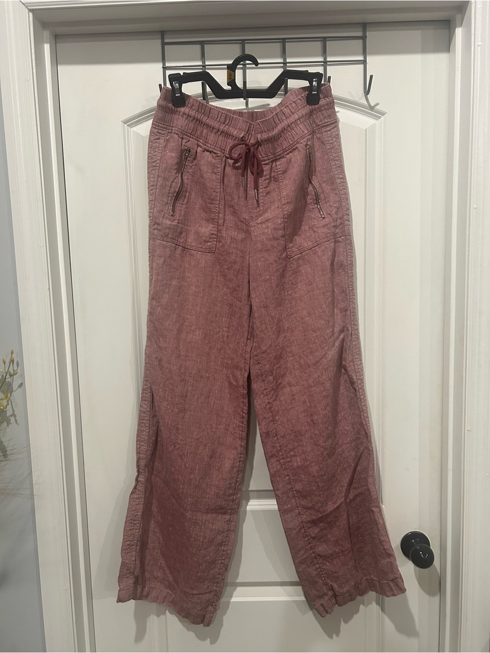 Athleta Cabo Rose-Mauve Drawstring Linen-Blend Pants Wise Leg